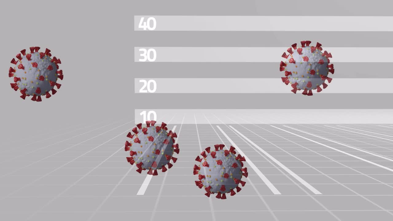 基于灰色背景的统计数据处理的多个covid-19细胞的数字动画视频素材