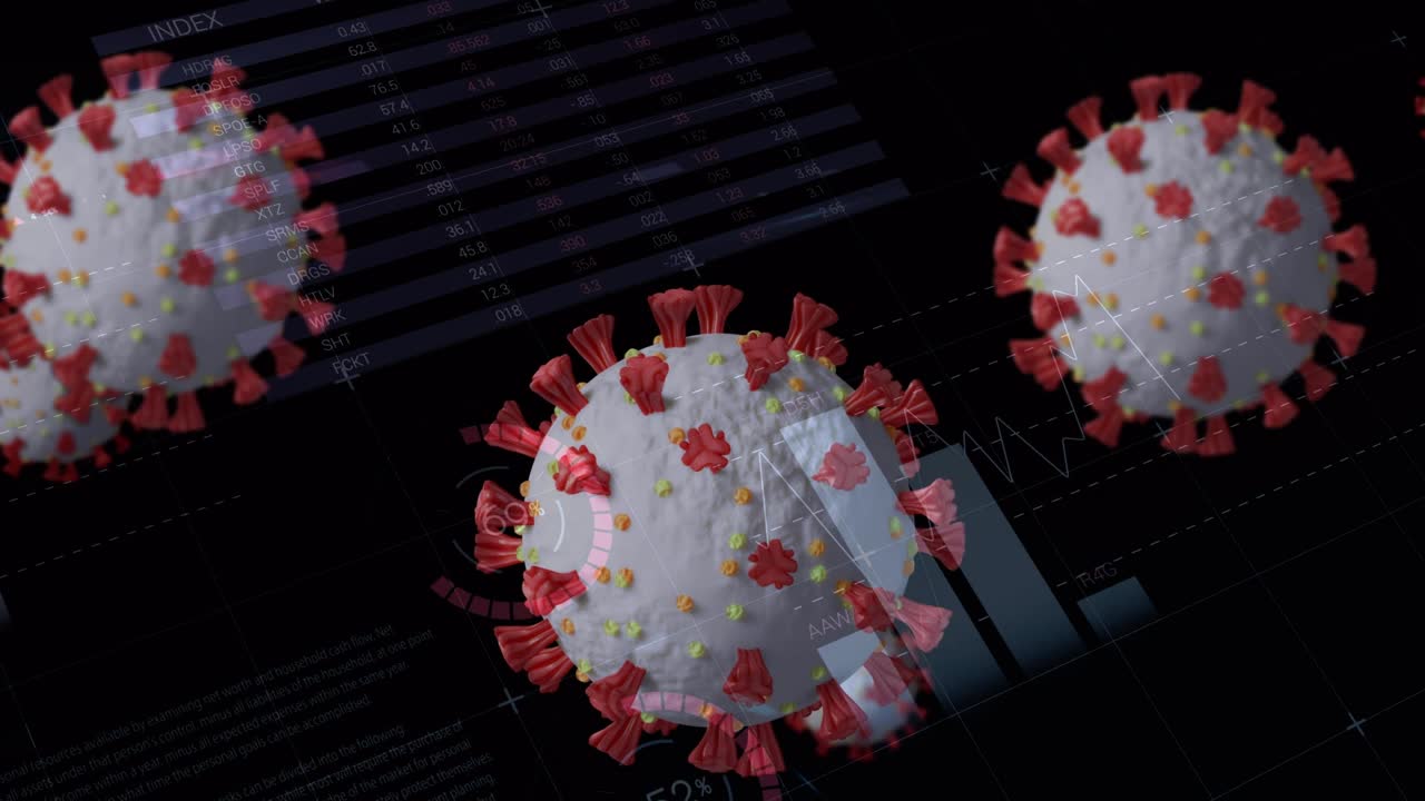 数字动画的多个covid-19细胞与统计数据处理的黑色背景视频素材