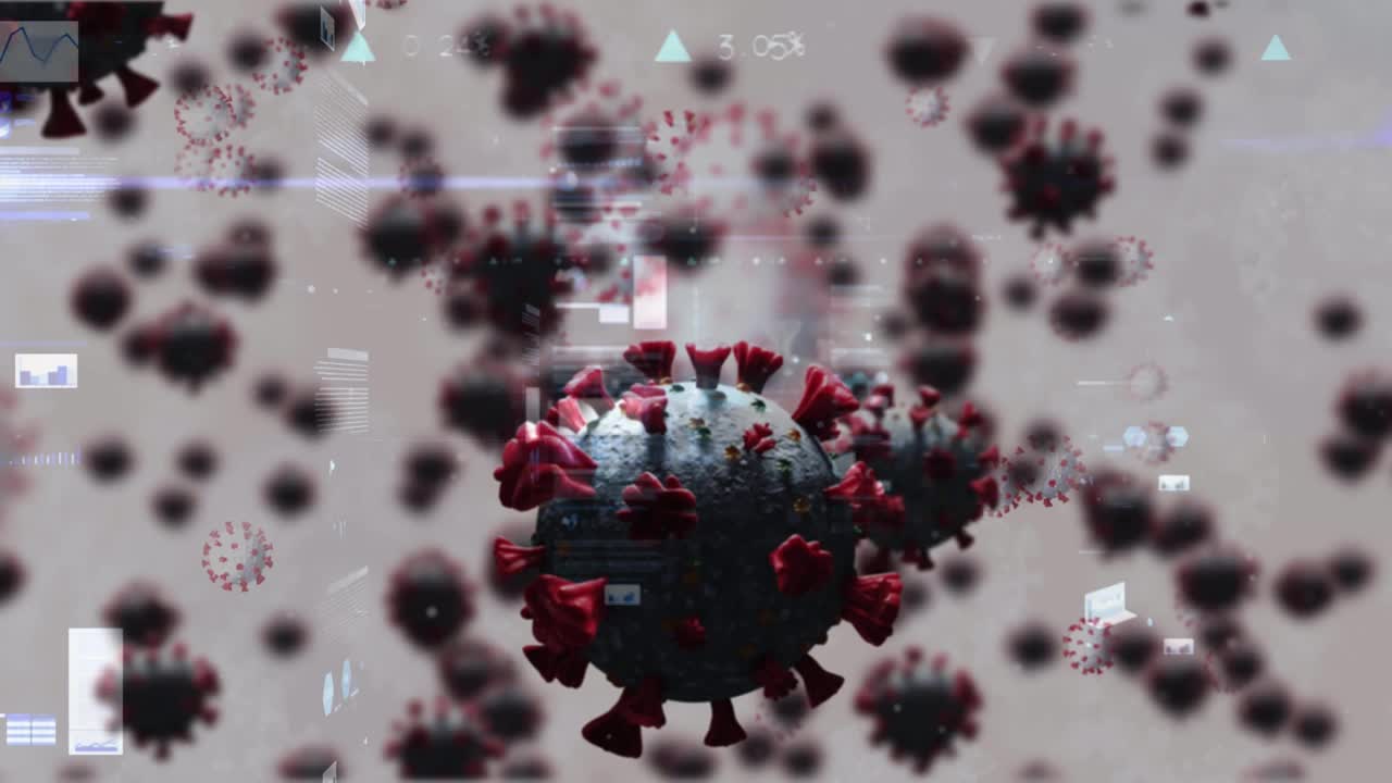 基于灰色背景的统计数据处理的多个covid-19细胞的数字动画视频素材