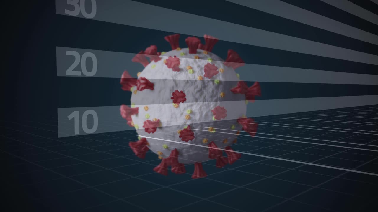 数字动画的多个covid-19细胞与统计数据处理的黑色背景视频素材