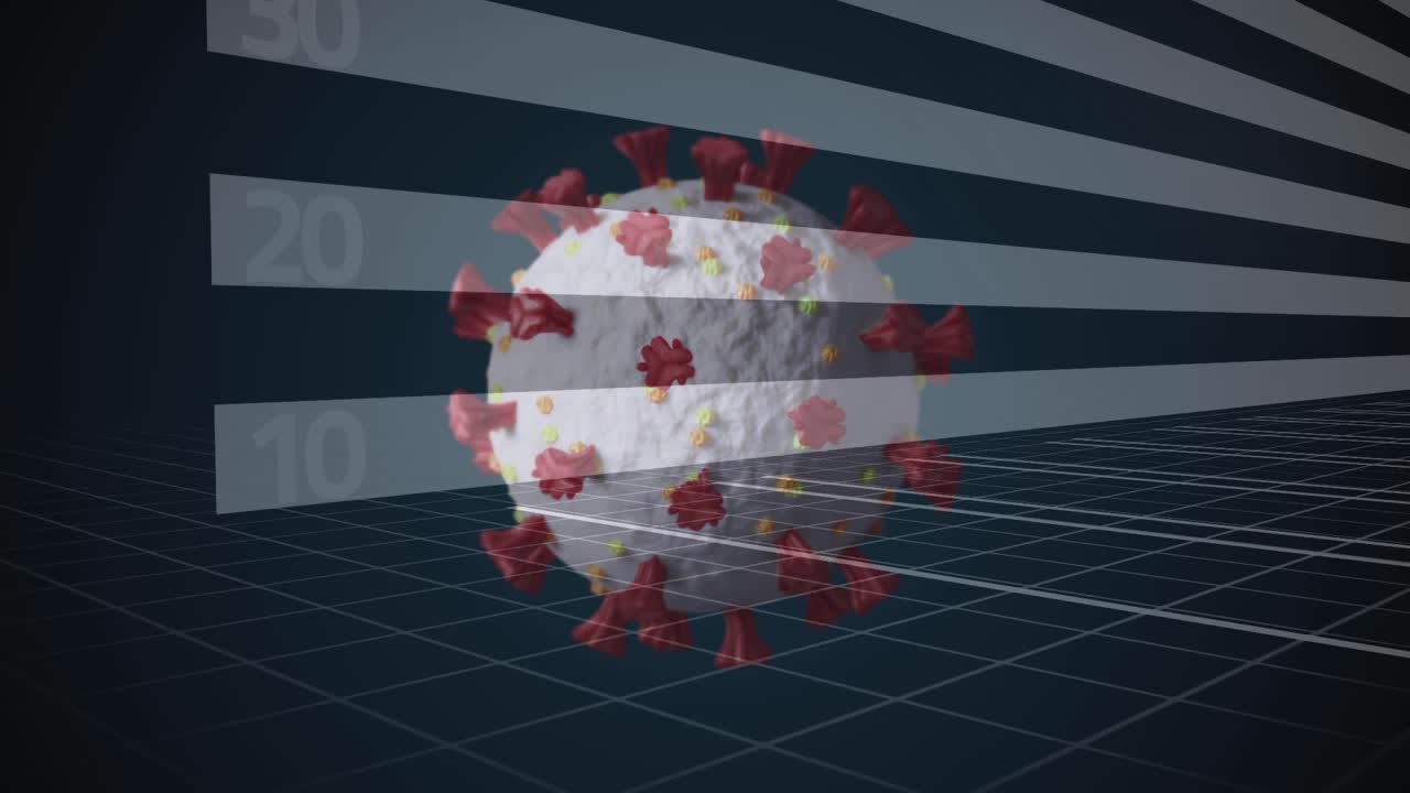 数字动画的多个covid-19细胞与统计数据处理的黑色背景视频素材