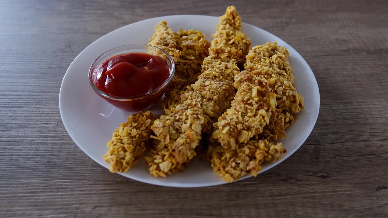 一位女士从盘子里拿起酥脆的炸鸡块，蘸上番茄酱。视频素材