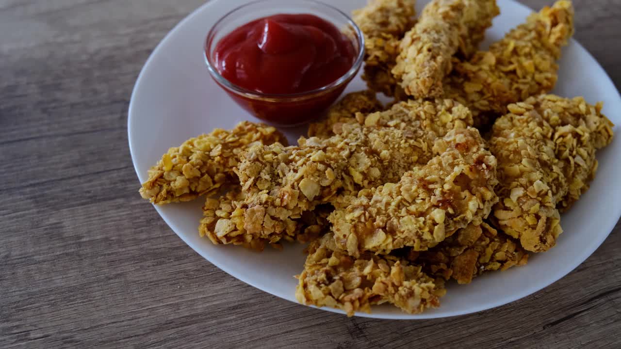 炸鸡块加番茄酱。面包酥炸鸡美味的晚餐视频素材