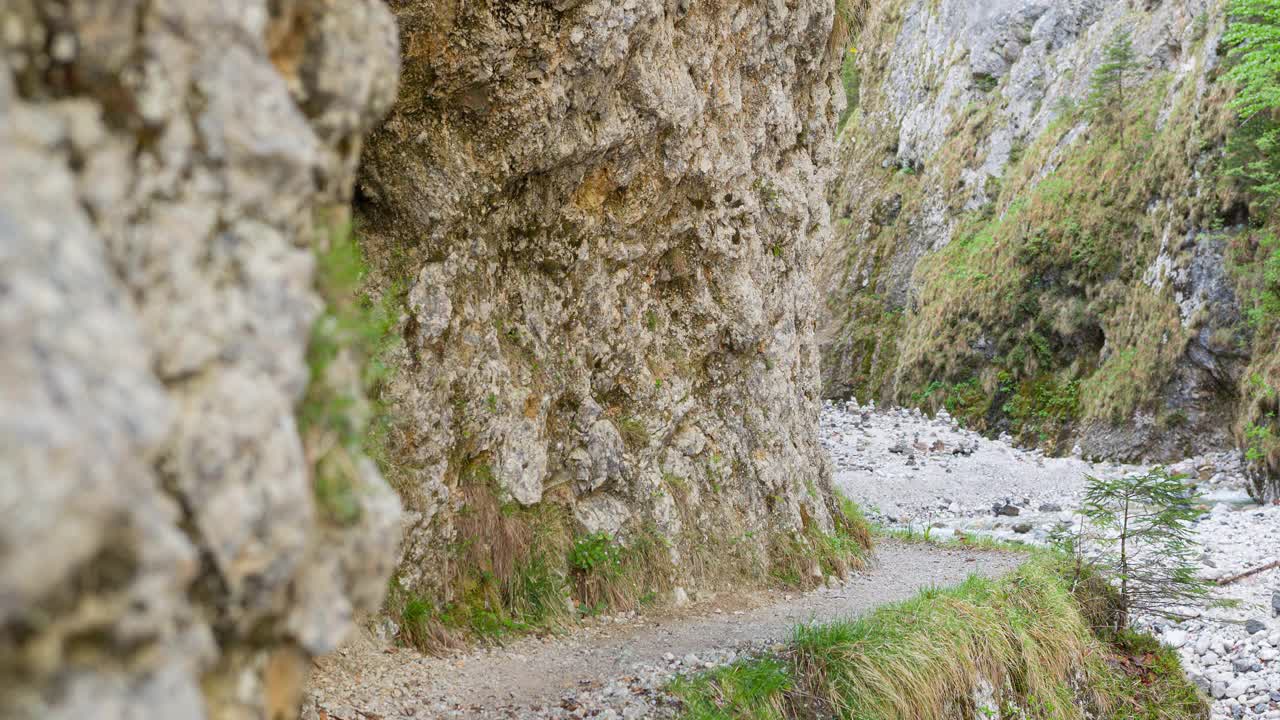 活跃的女人慢跑通过山涧山谷视频素材