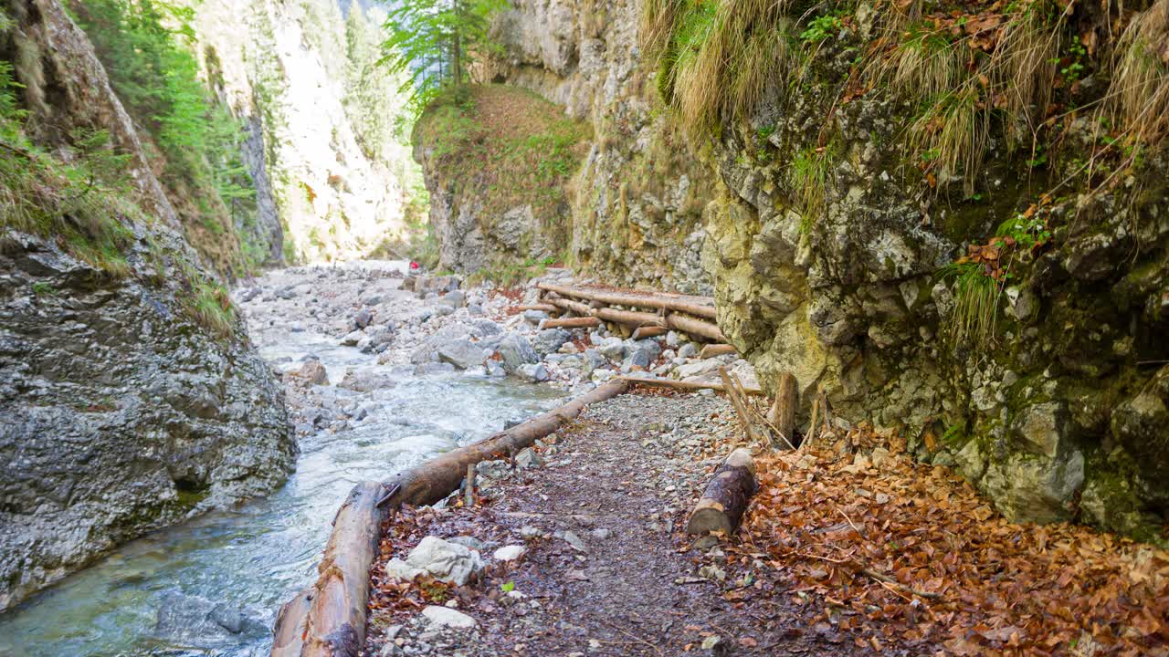 活跃的女人慢跑通过山涧山谷视频素材