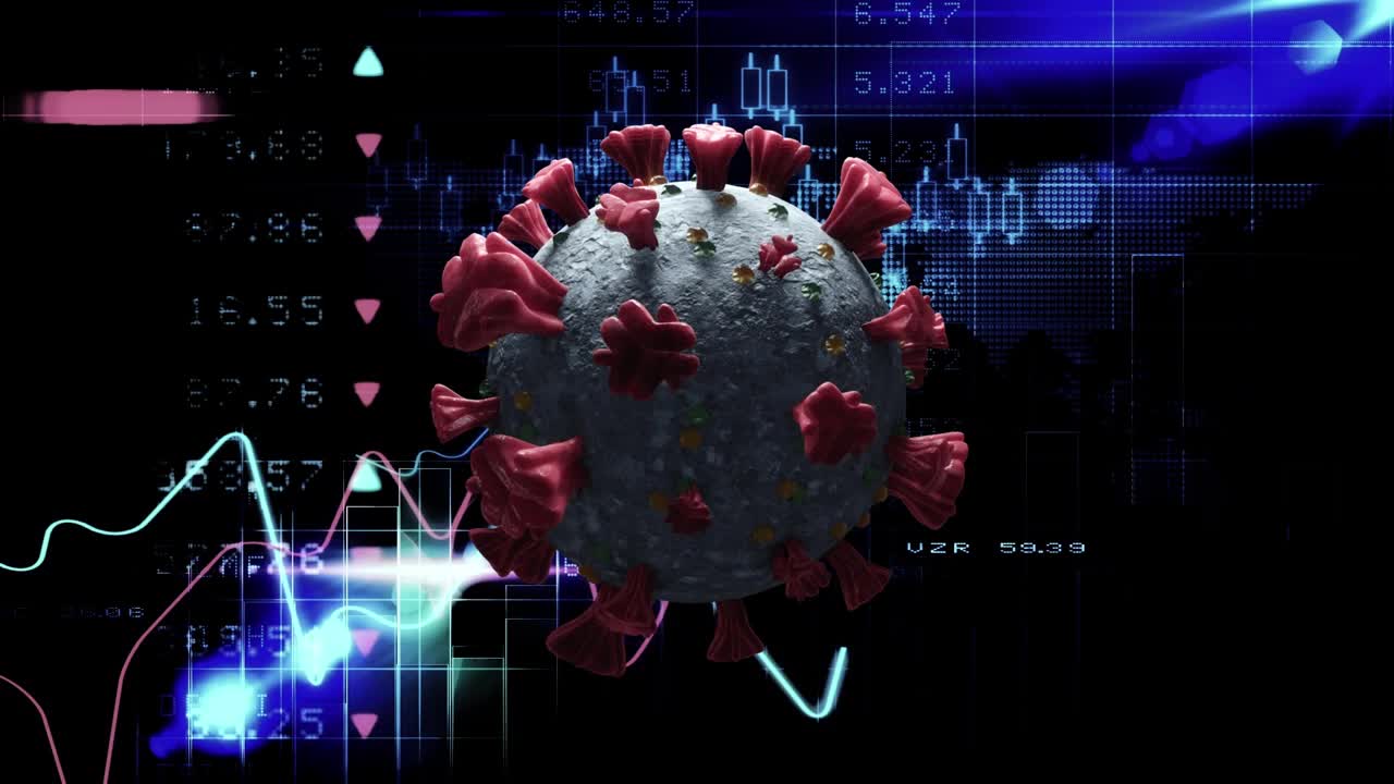 黑色背景下，新冠病毒细胞在金融数据处理上旋转的数字动画视频素材