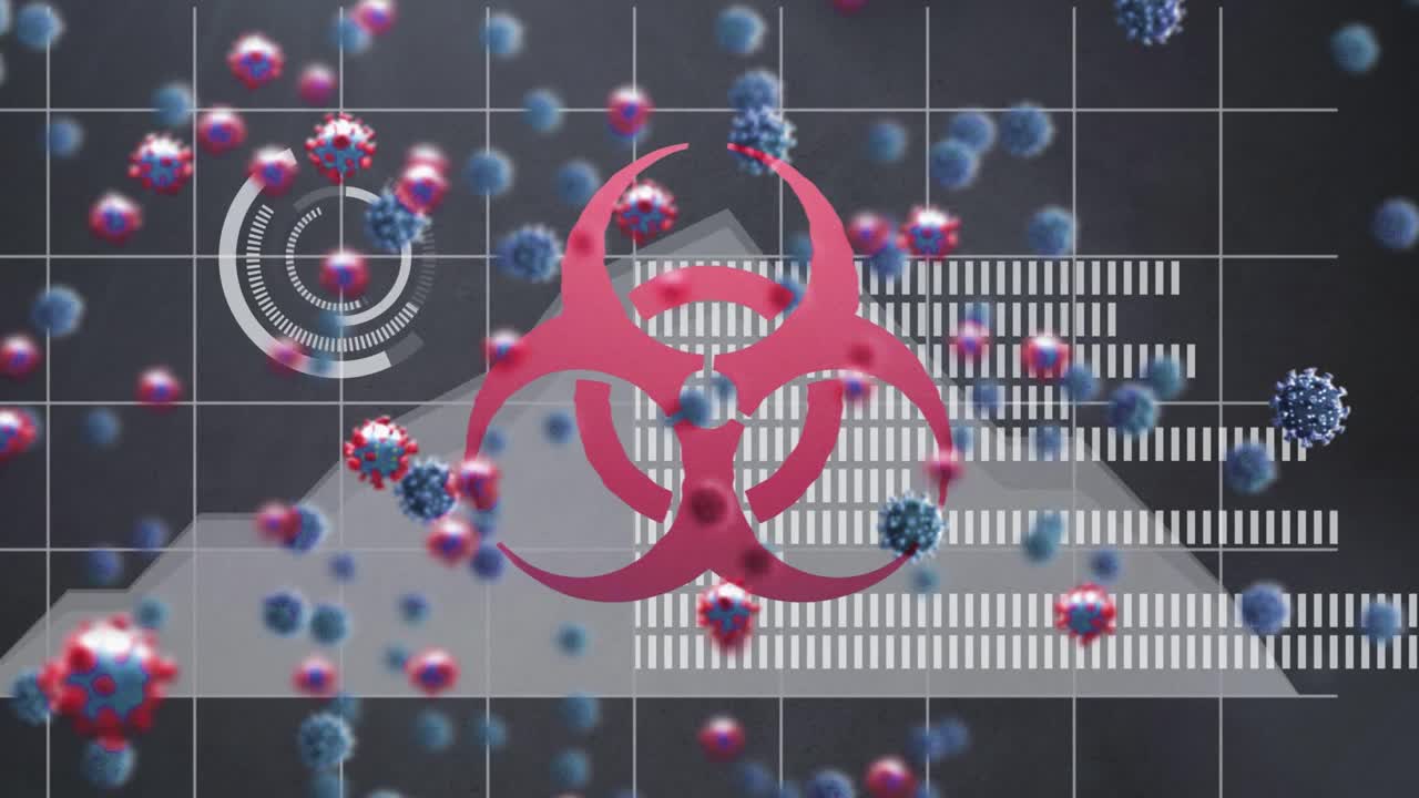 生物危害符号和多个漂浮在圆形扫描仪和图形上的covid-19细胞视频素材