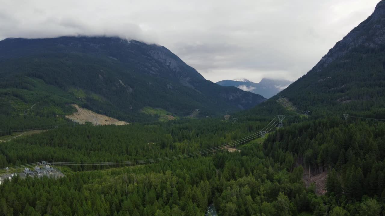 电线鸟瞰图在加拿大山谷运行的绿色森林视频素材