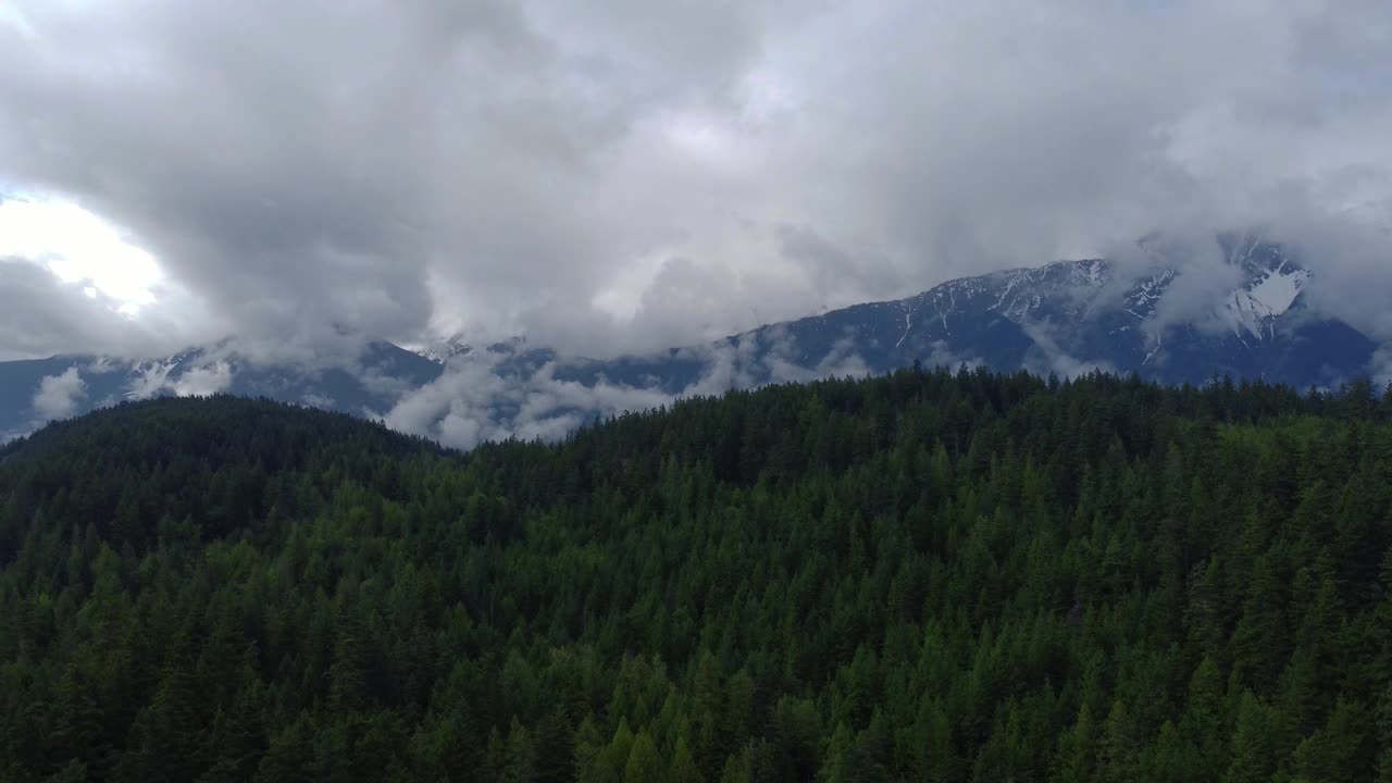 鸟瞰图的山峰在雪和云与绿色松树林在前面视频素材