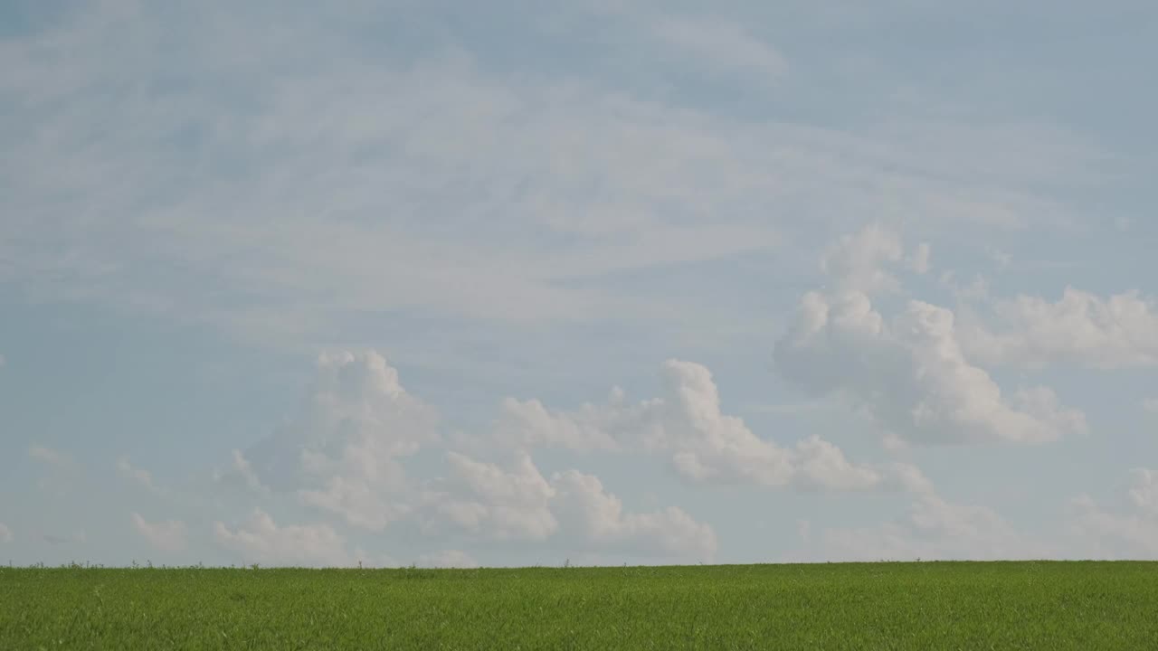 美丽的云朵在蓝天上掠过绿色的草地或牧场，时光流逝视频素材