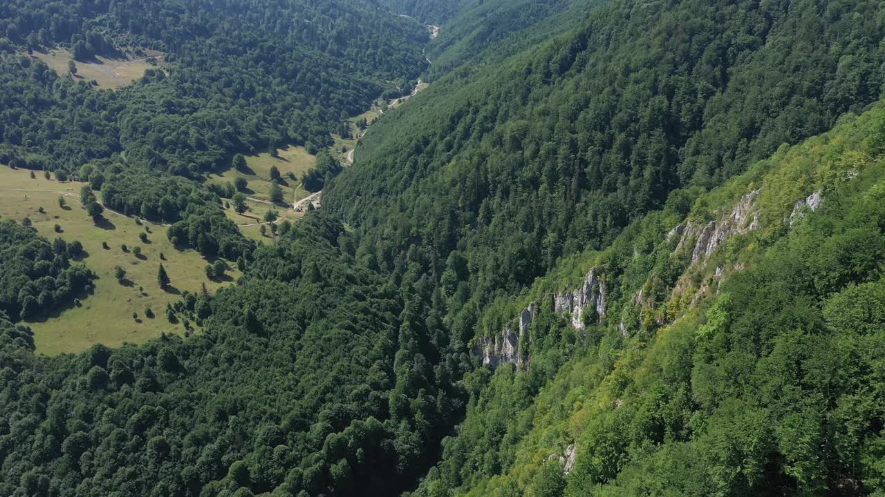 飞行在深谷，落叶林和石灰石悬崖。无人机在空中拍摄。视频素材