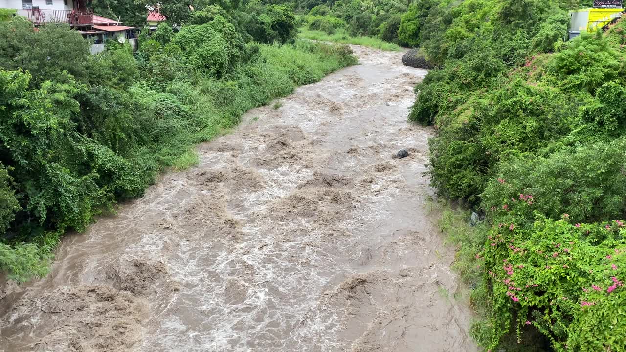 留尼汪岛的河闪浮物-雨河视频素材