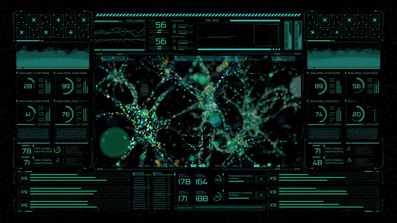 多亏了神经网络，未来的医学可以可视化人类的神经连接，建模和分析他们的工作。数字医疗仪表盘与人类大脑的神经连接。视频素材