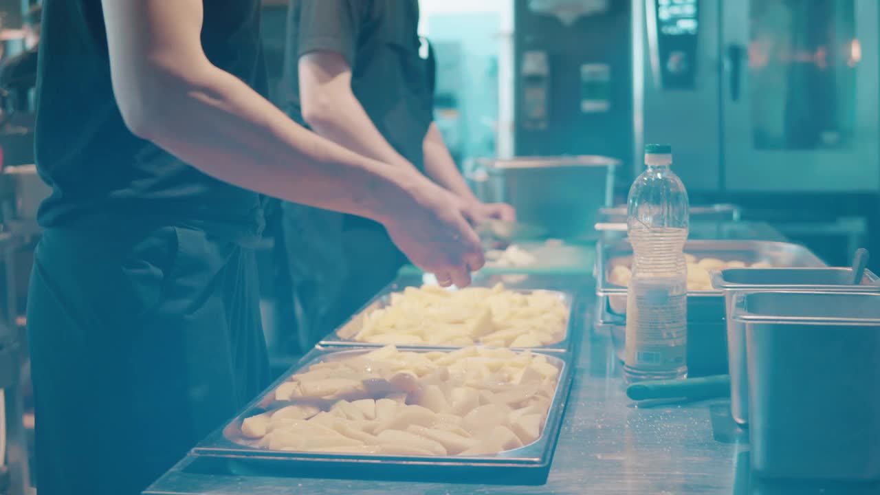 托盘上的土豆片正在调味视频素材