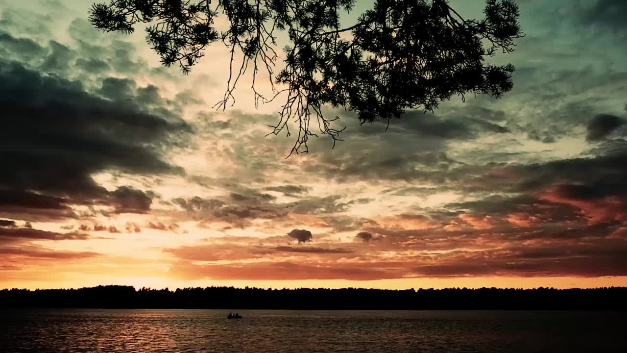 夏日傍晚，森林上方河上的落日。油漆。颜色视频素材