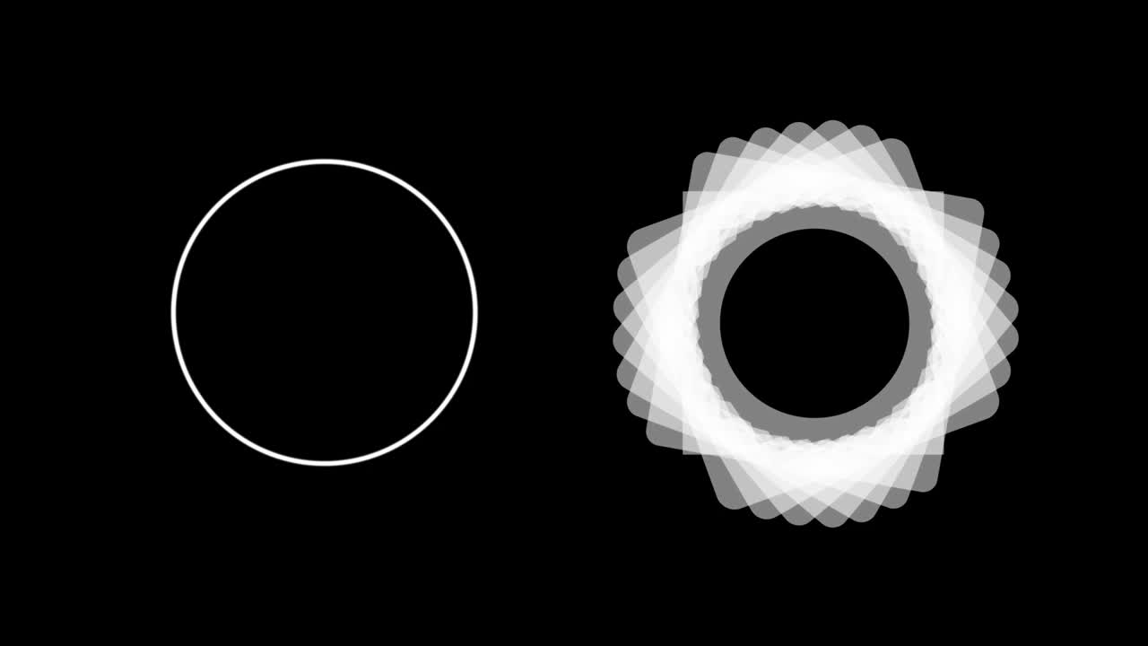 两个抽象的圆形在黑色背景下旋转的数字动画视频素材