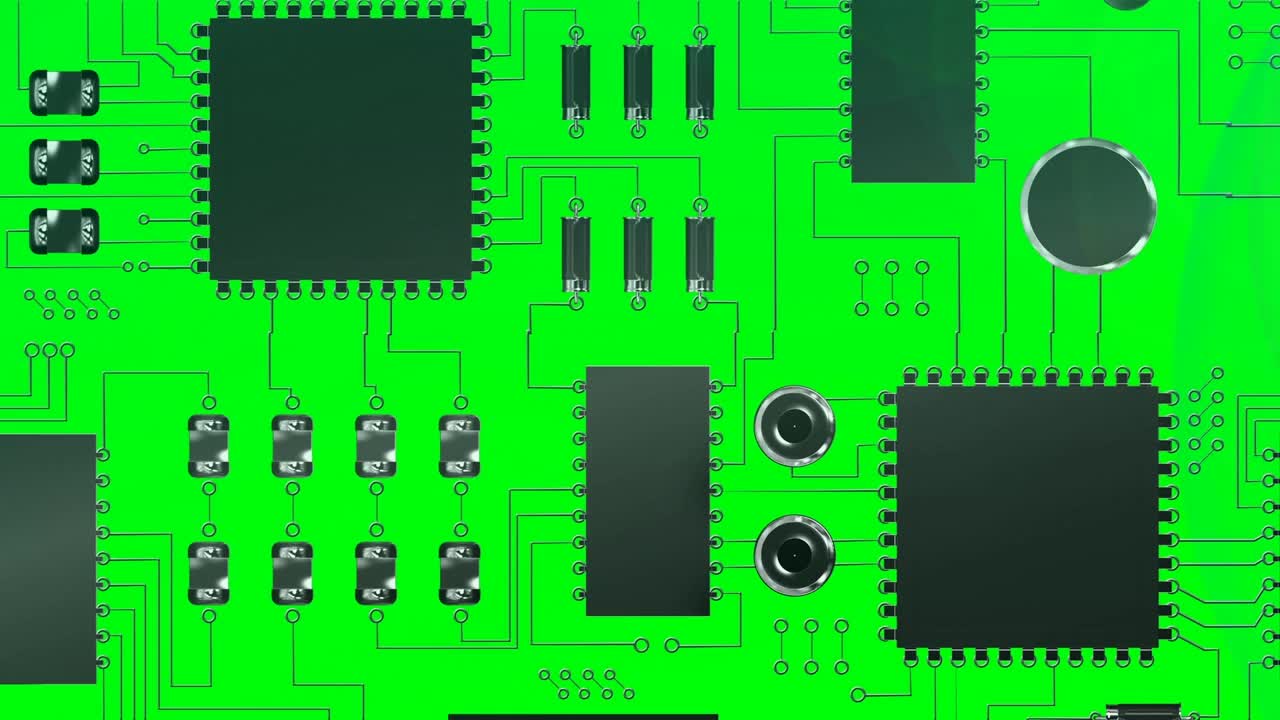 在绿色背景的微处理器连接上，霓虹灯横幅上的文字已经完成视频素材
