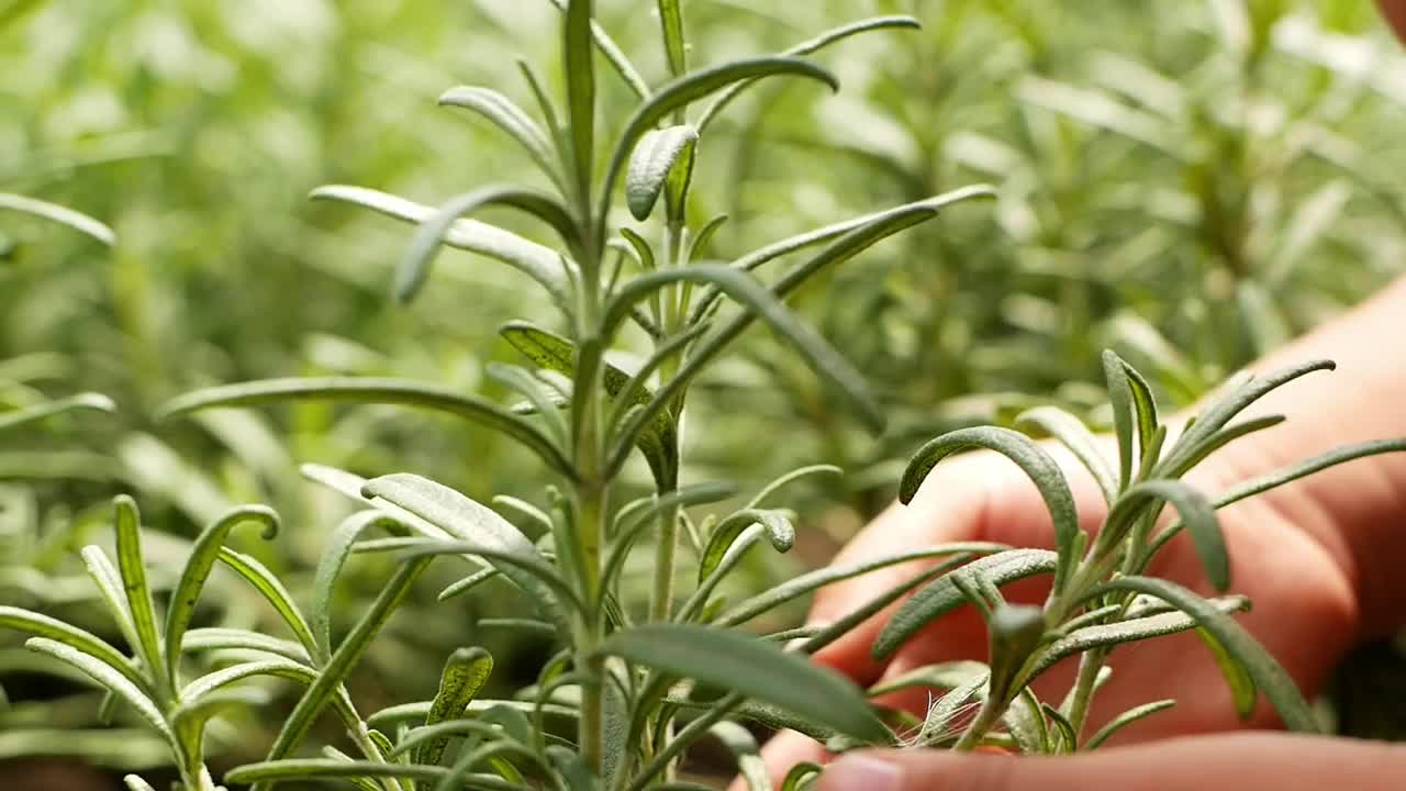 迷迭香。孩子在花园里用手触摸迷迭香芽。视频素材