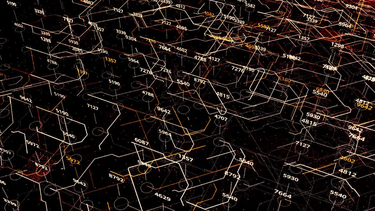 在后台工作的中央处理器上进行大数据分析和数字全息计算。动画。未来的3D电路板飞行，现代抽象概念的新网络技术，无缝回路。视频素材