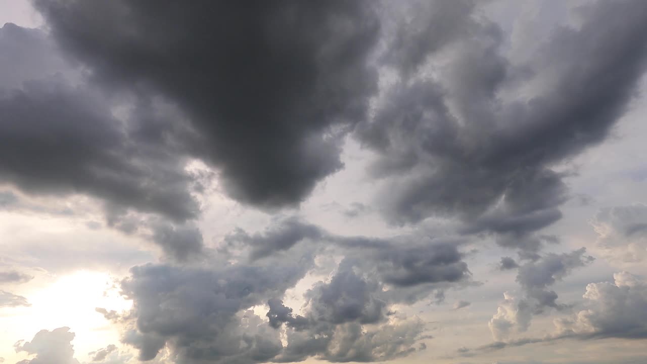 夏日阴天美丽的日落。高空风暴云的鸟瞰图。灰色的云环境。时间流逝4k b卷云景自然背景。雨季云天景观视频素材