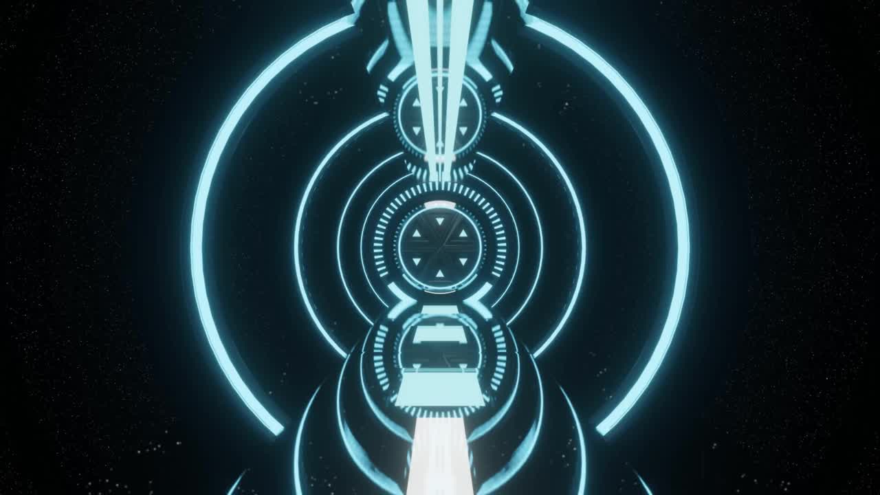 科幻未来蓝色发光霓虹灯隧道走廊门外星飞船背景3D渲染视频下载