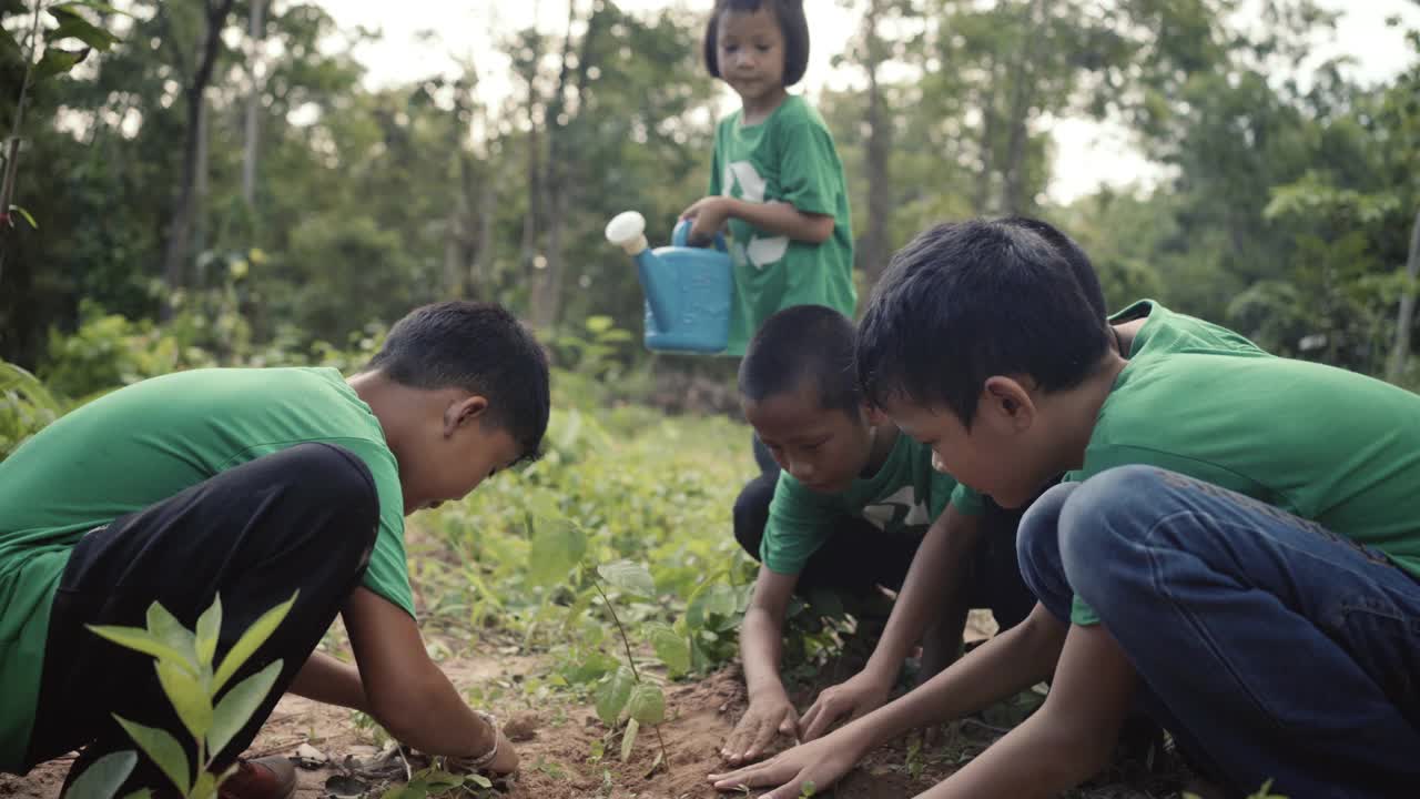 孩子们种树玩得很开心。以拯救世界的理念视频素材