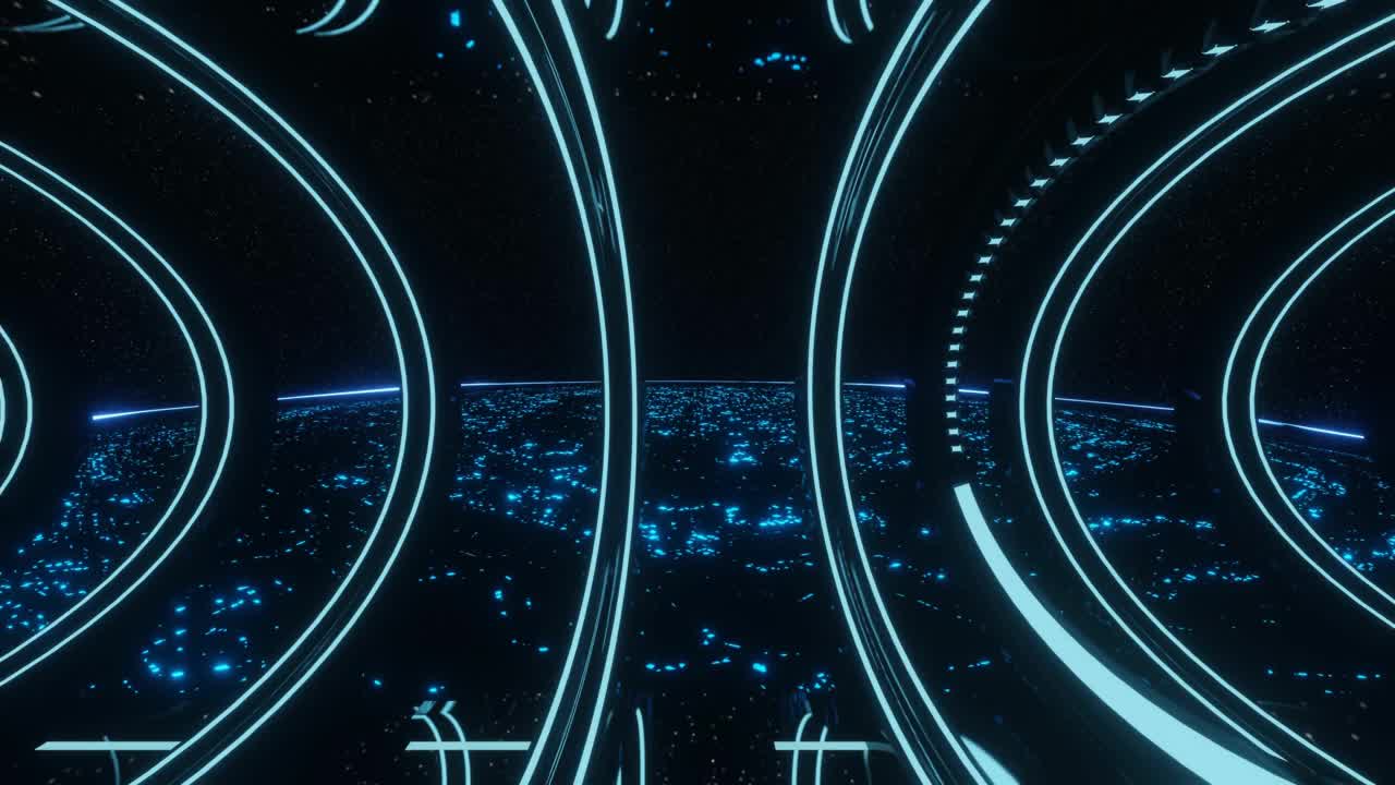 科幻未来蓝色发光霓虹灯隧道走廊外星飞船背景3D渲染视频下载