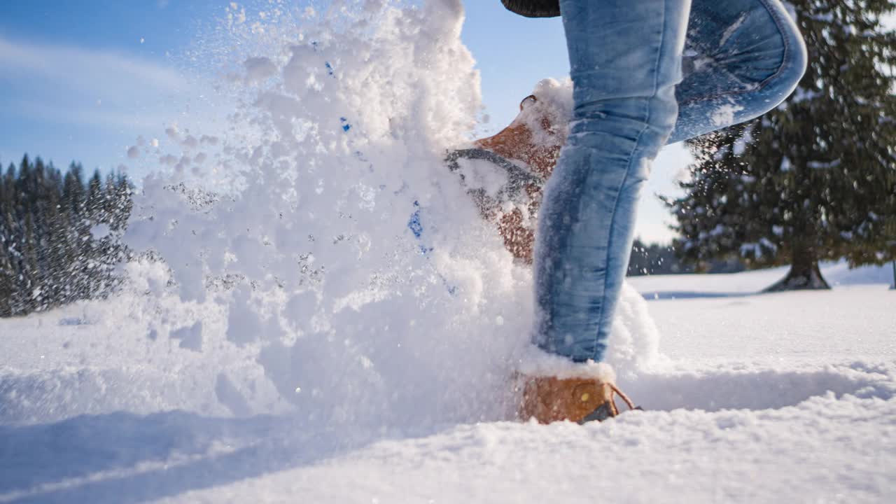 在一个阳光明媚的日子里进行冬季徒步旅行和雪地徒步视频素材