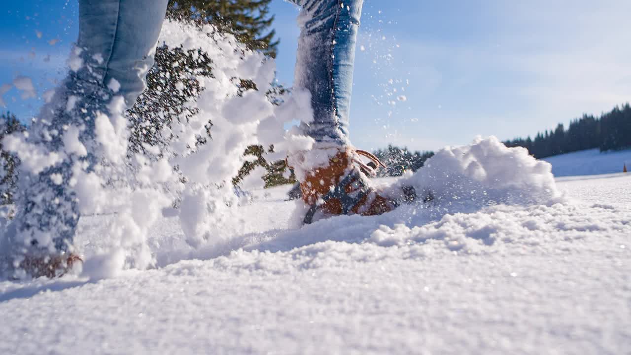 穿着雪鞋走过田园诗般的白雪覆盖的冬季风景视频素材