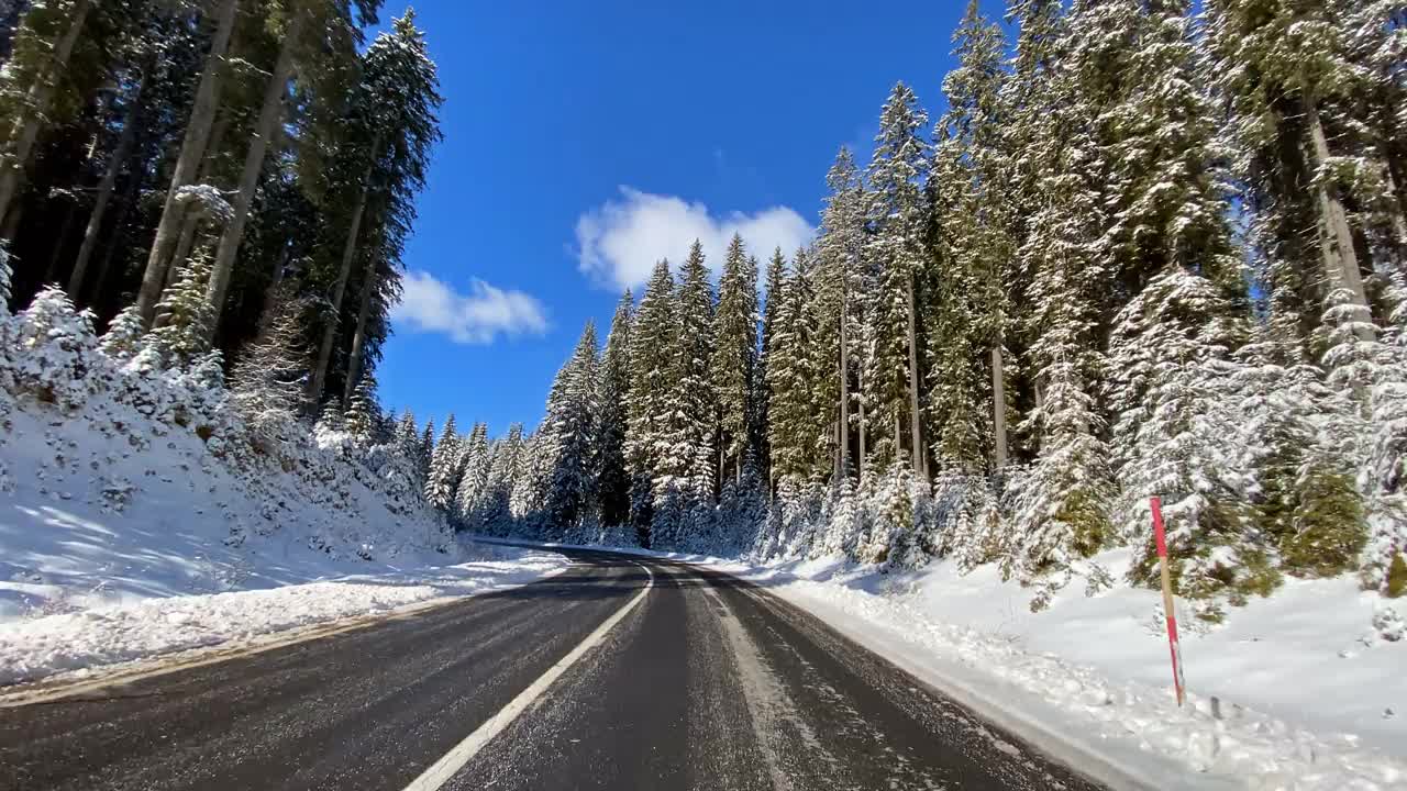 冬天，在一条空旷的道路上，沿着被雪覆盖的森林行驶视频素材