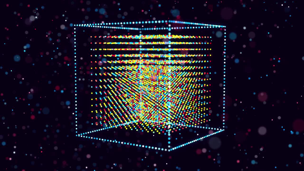 摘要发光粒子在空间中形成三维物体。多维数据集。Vj循环作为虚拟数字空间的bg。粒子形成全息影像的形状，作为大数据、网络或vr空间的概念。科幻运动设计bg。视频素材