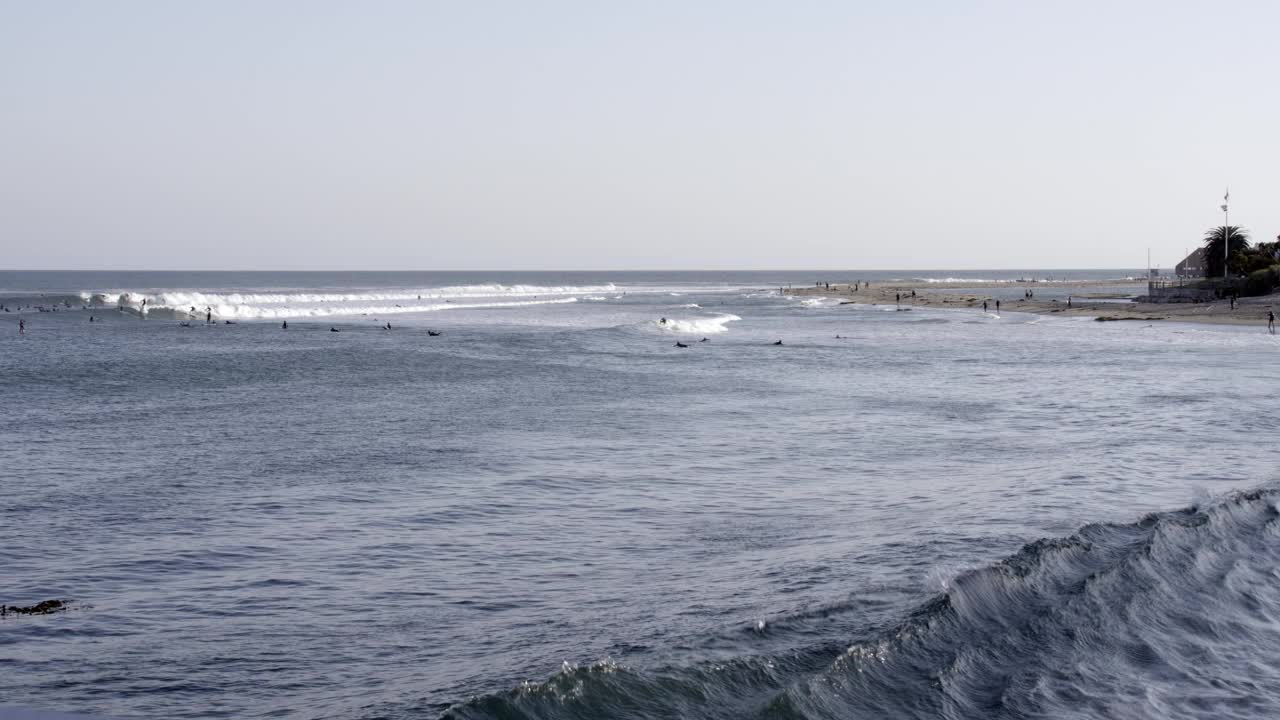 广角冲浪者在海湾或海洋冲浪。海滩部分可见。人们在bg可见。视频素材