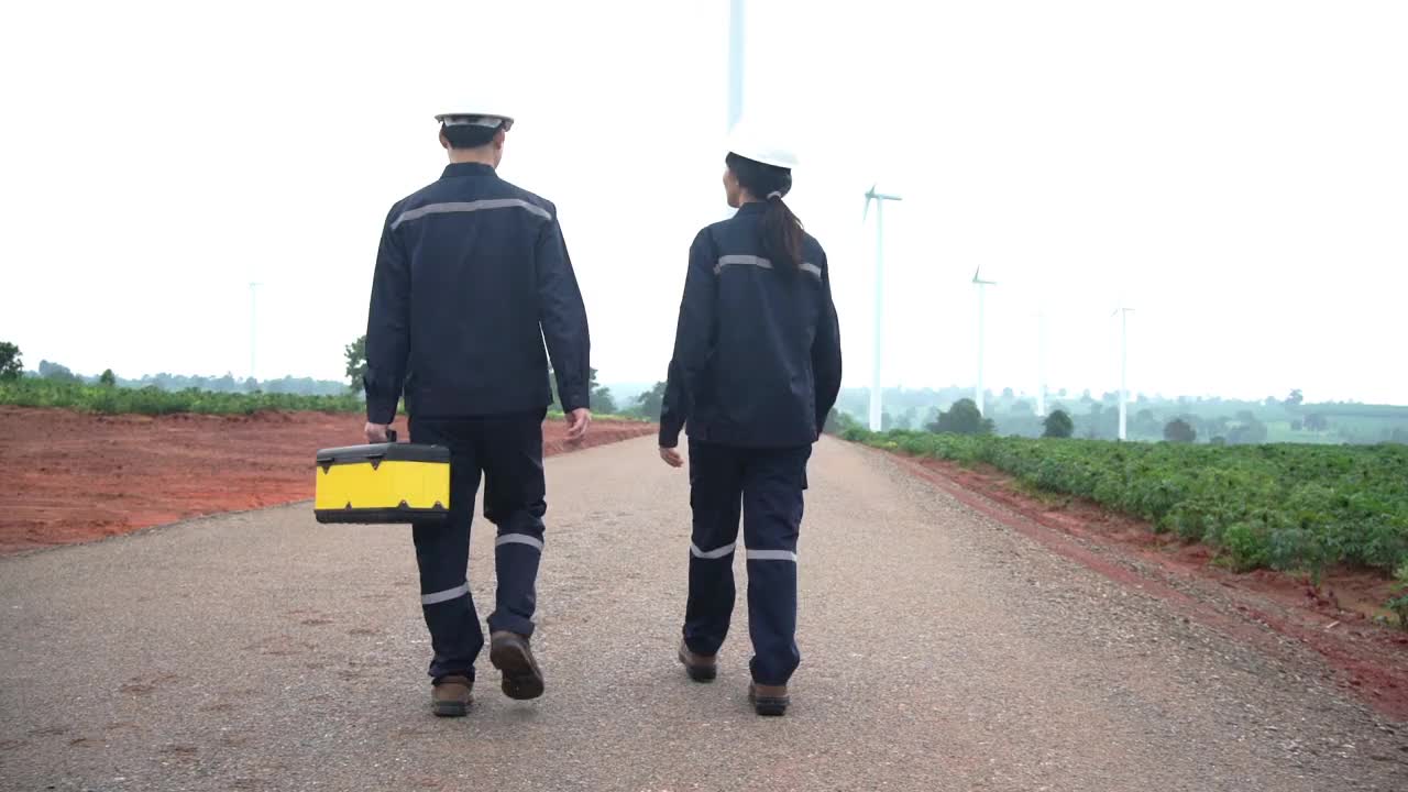 两个穿着制服的亚洲工程师在win涡轮农场工作。视频素材