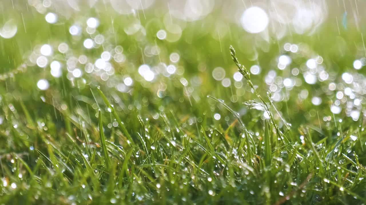 夏天，雨滴落在绿草上的特写。视频素材