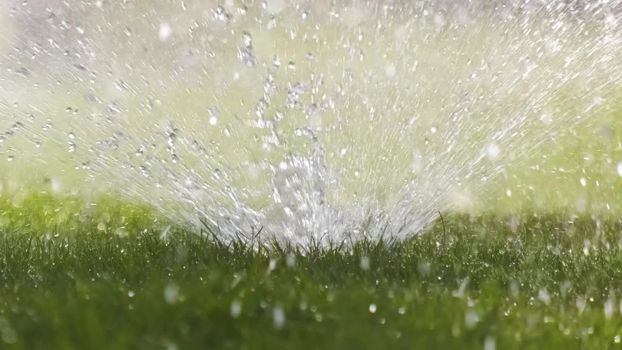 夏季花园用塑料喷灌机用水浇灌草坪。在旱季浇灌绿色植物，保持其新鲜。视频素材