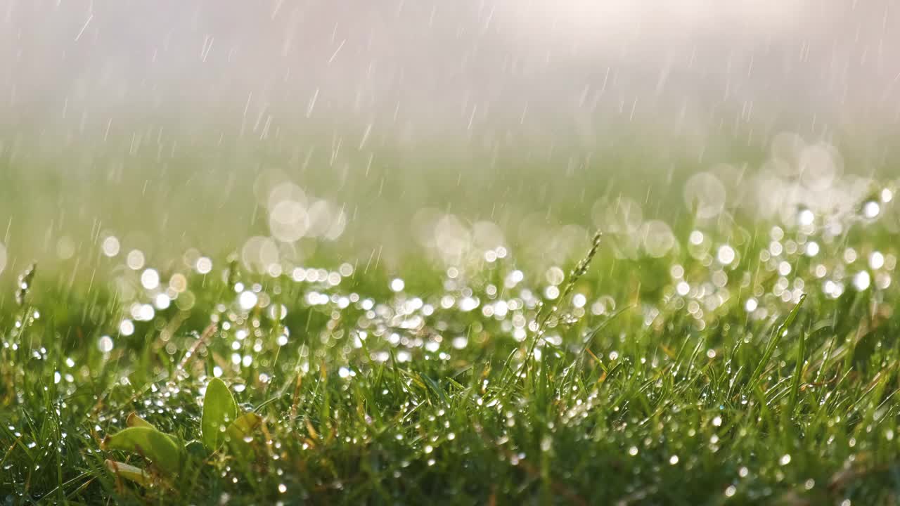 夏天，雨滴落在绿草上的特写。视频素材