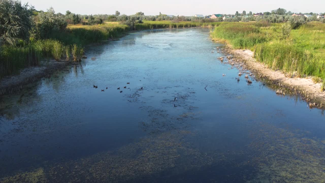 无人机拍摄的被乡村景色包围的湖泊的空中景观。视频素材