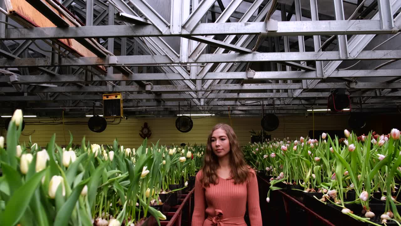 女孩穿着棕色的裙子在郁金香花房里摆姿势视频下载