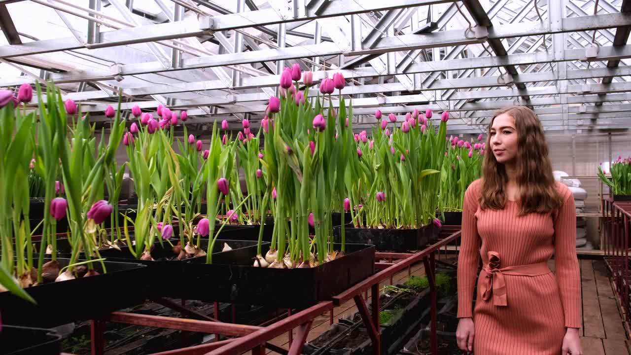 女孩穿着棕色的裙子在郁金香花房里摆姿势视频下载