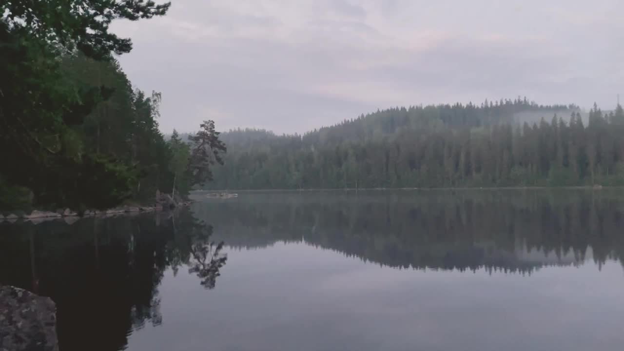 在一个阳光明媚的秋日，薄雾在树木环绕的湖面上缓缓移动视频素材