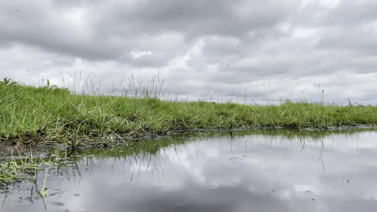 看风景。背影一个女人走过水，然后站在秋天的云彩前。系列的一部分。视频素材