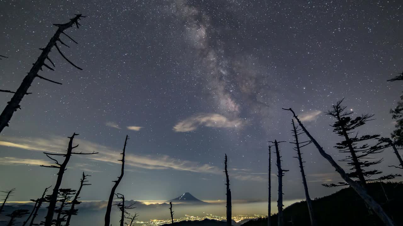 富士山的延时拍摄和银河漂浮在云海中从国山高武山顶视频素材