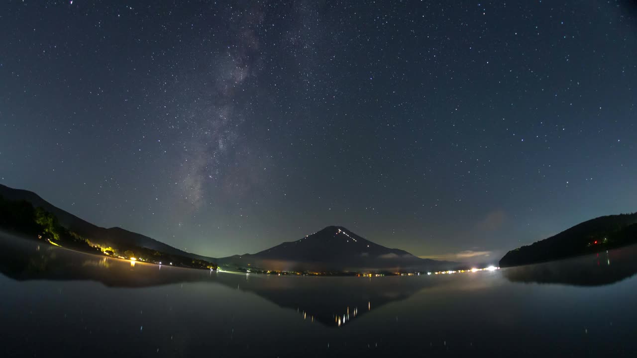 从山中湖拍摄富士山和银河的延时视频视频素材