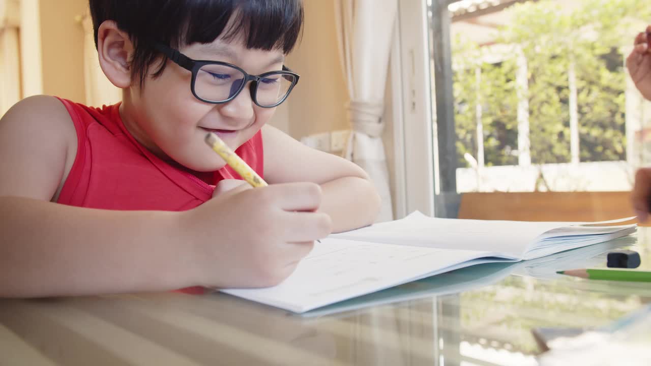 可爱伶俐的小男孩在家里坐在书桌前学习，学生在作业本上写作业，教育观念视频素材