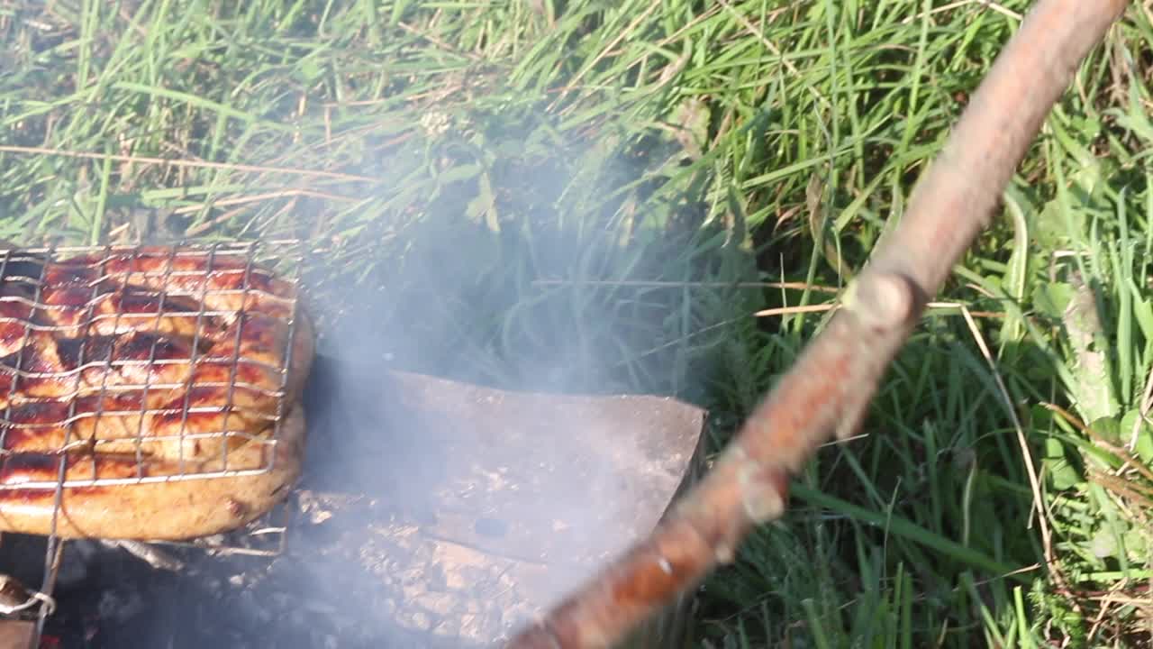 烤架烤香肠。烟和燃烧的煤块一起从烤架上冒了出来。在绿草如茵的草地上野餐。特写镜头。视频素材