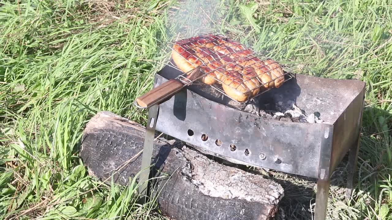 烤架烤香肠。在炭火上烤。在绿草如茵的草地上野餐。特写镜头视频素材