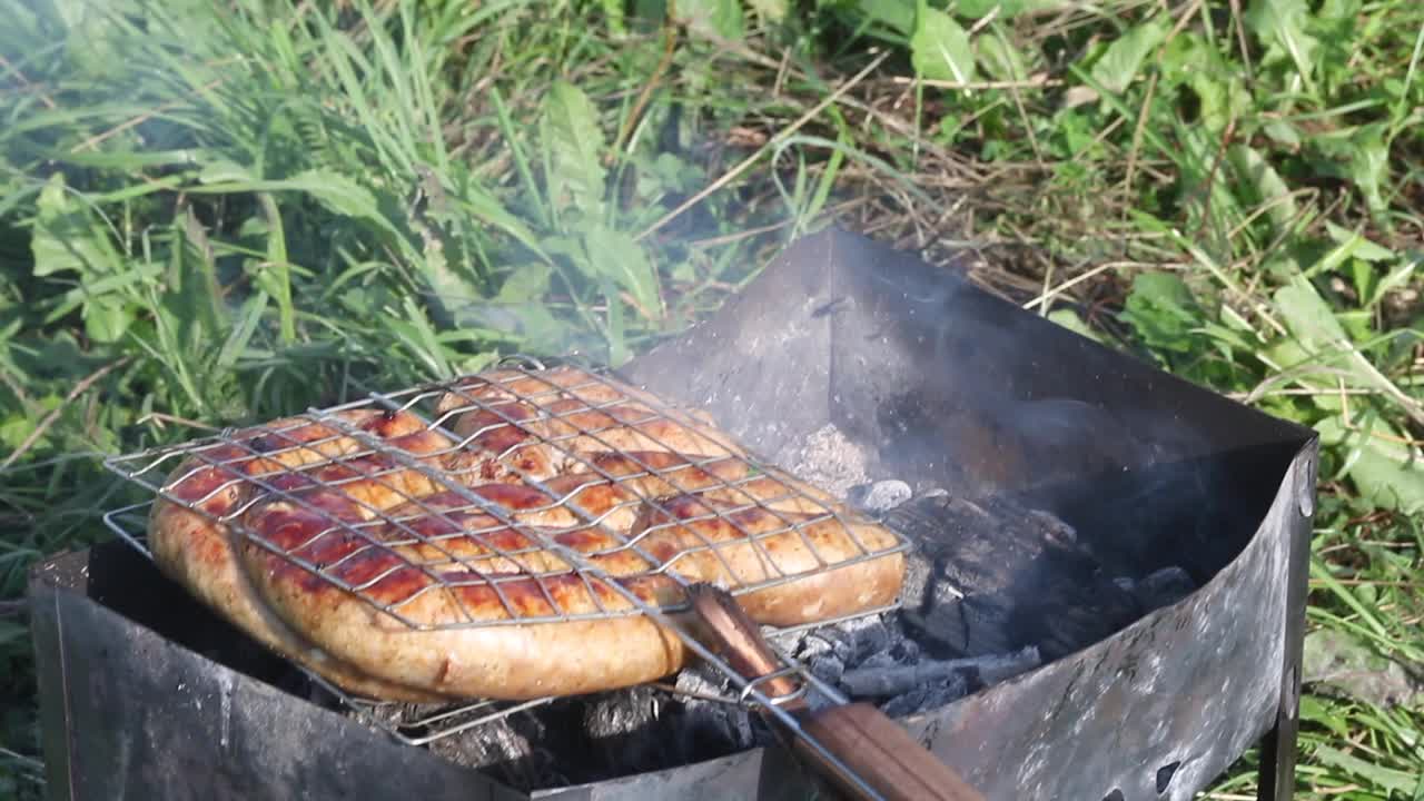 烤架上有香肠。躺在烤架上，还有余烬。在绿草如茵的草地上。野餐。特写镜头视频素材