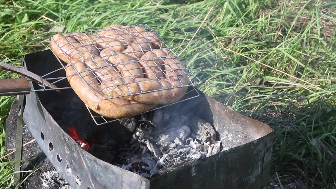 烤架上有香肠。躺在烤架上，还有余烬。在绿草如茵的草地上。野餐。特写镜头。视频素材