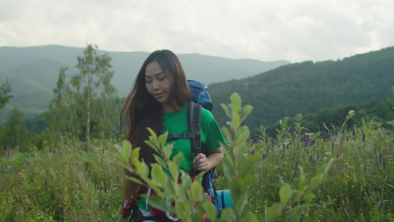 漂亮的多种族女性旅行者享受背包在夏天的山在日落视频素材