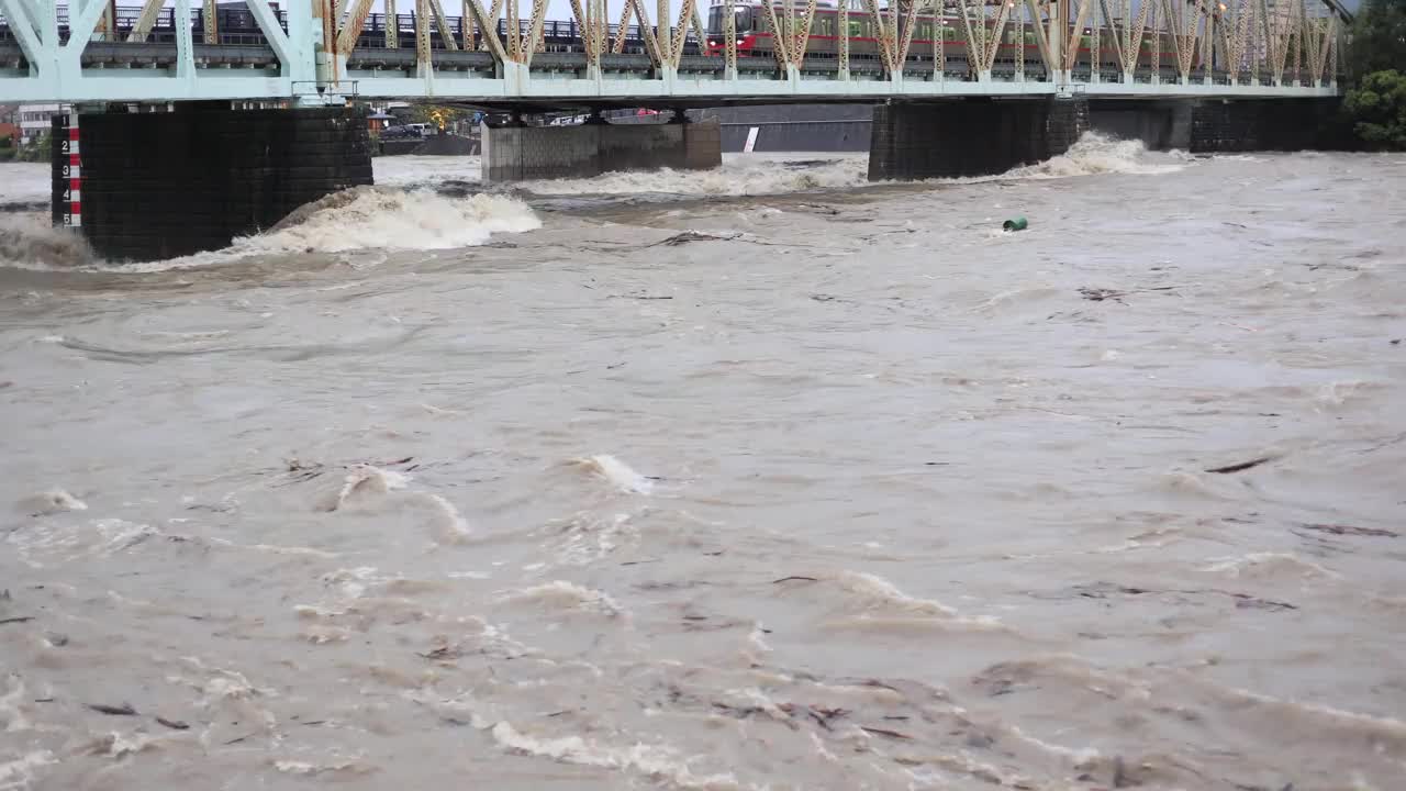 基索河泥泞的溪流已经变得泥泞和泛滥。河水泛滥成灾视频素材